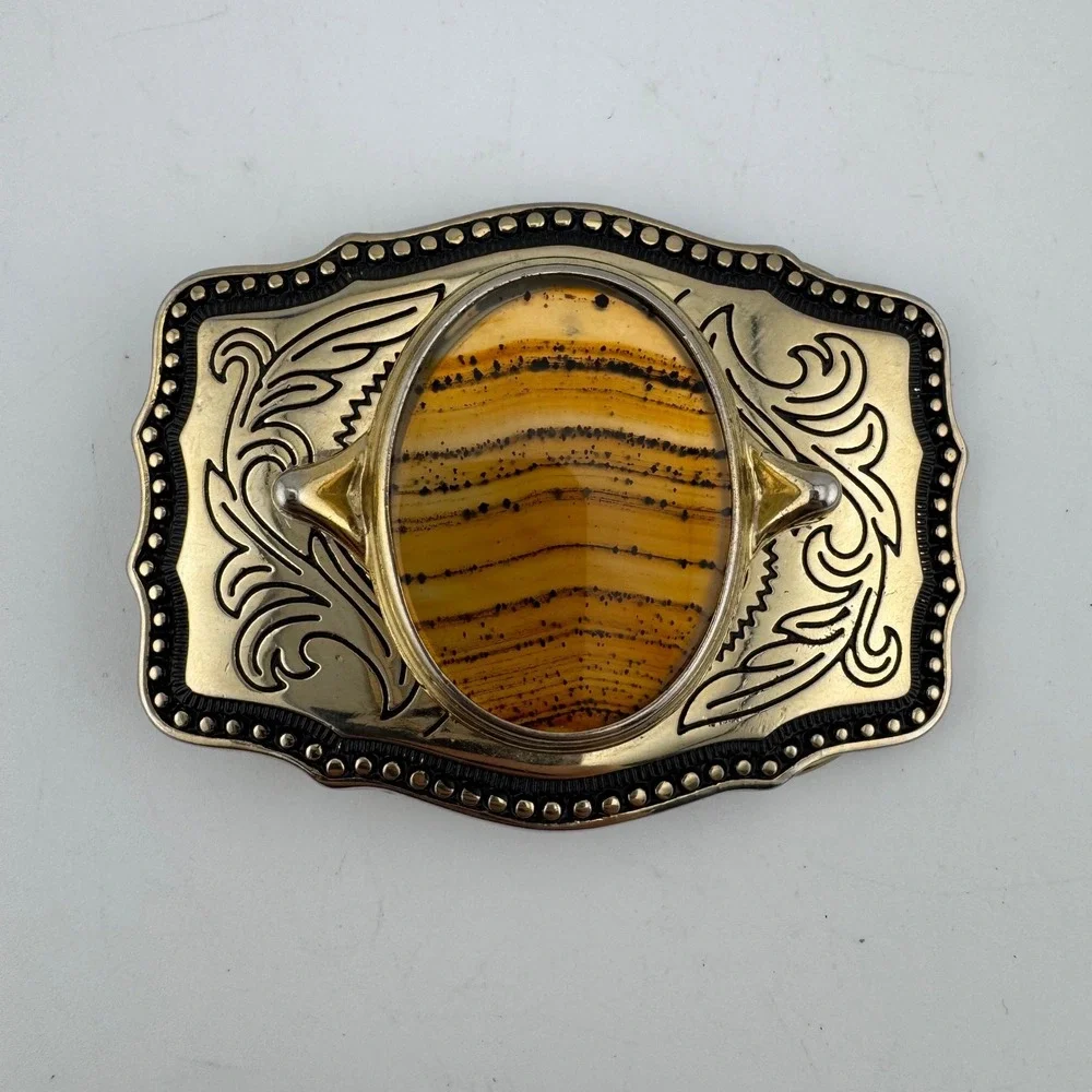 Unbranded Belt Buckle Gold Tone Excellent Western Montana Agate Scroll Engraved